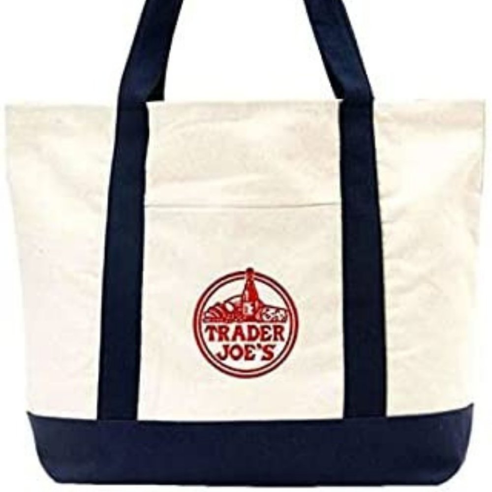 Trader Joes Canvas Tote Bag Beach Embroidered Large Travel Reusable Hostess Gift
